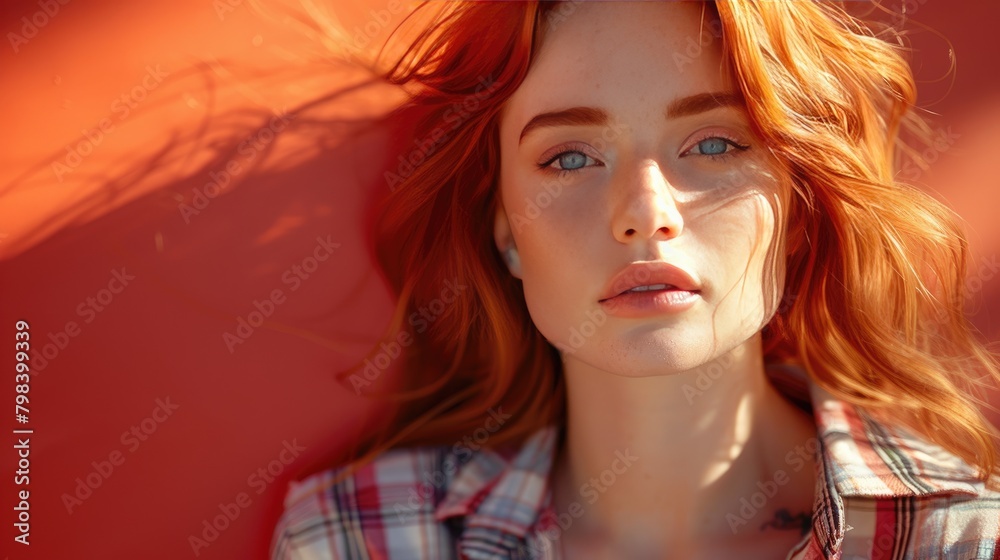 Beautiful woman standing against red wall