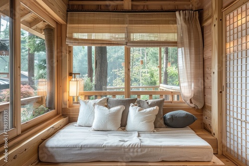 Inviting Eco-Conscious Interior: Wooden Accents, Cozy Cushions, Serene Sustainable Decor
