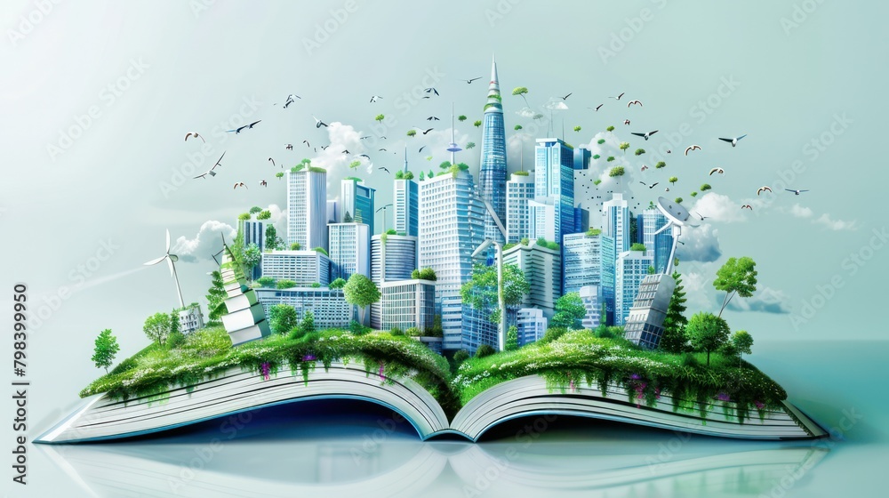 Illustration of an open book with an ecofriendly green city on it, SDGs sustainable development goals theme.