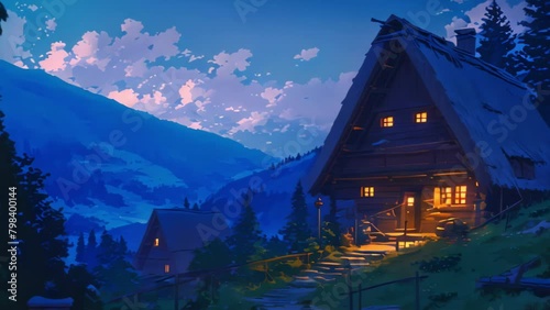 Mountain hut at night Traditional  chalet with photo