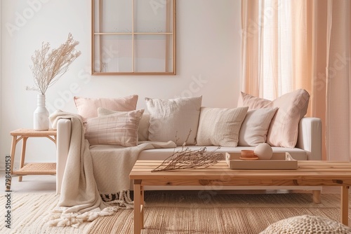 Luxurious Living Space: Peach Decor & Delicate Wooden Accents in Modern Apartment Setting