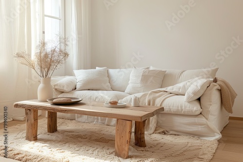 Luxurious Living: Soft Sofa & Wooden Table in Pastel Room - Elegant, Serene Ambiance