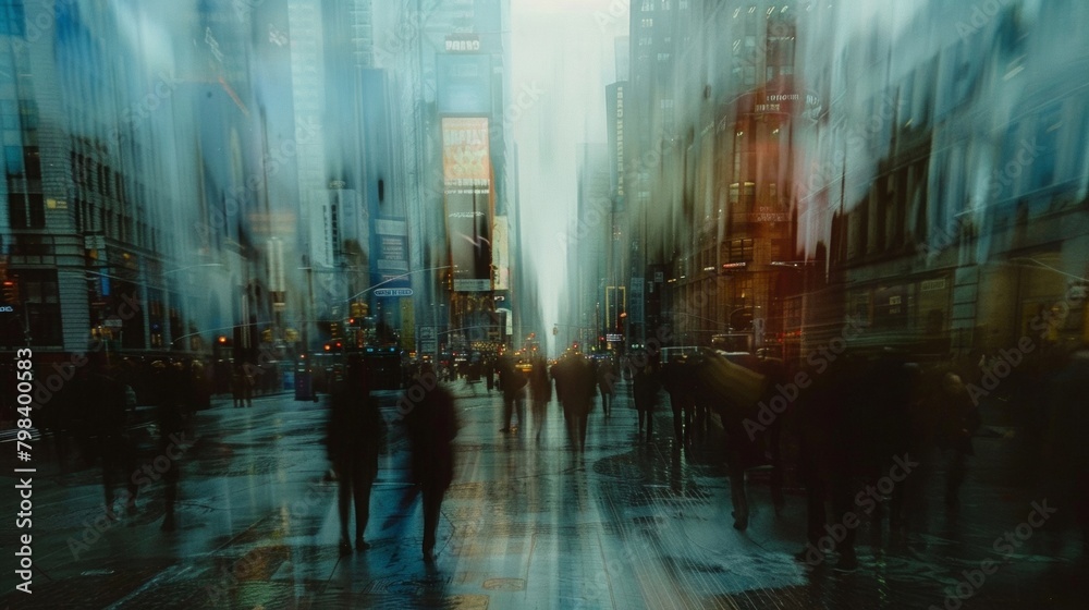 Opaque Cityscape A blurred vision of a bustling metropolis with towering skysers reflecting the chaotic nature of city life. .