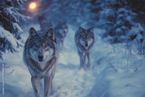  A pack of wolves moving silently through a snowy forest under the moonlight, a scene of untamed wilderness,Gray wolf isolated on white background Gray wolf,Canis lupus, wolf standing in the snow