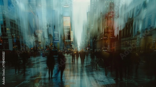 Opaque Cityscape A blurred vision of a bustling metropolis with towering skysers reflecting the chaotic nature of city life. . photo