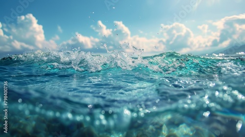 A depiction of the ocean with vast amounts of water stretching outwards, interspersed with fluffy white clouds floating in the sky above.