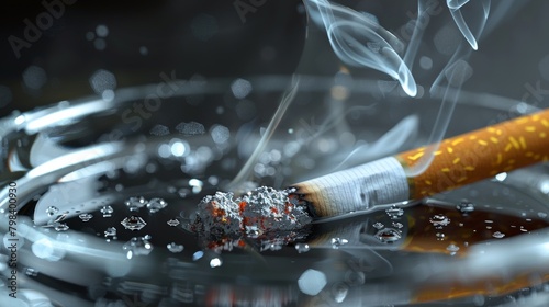 Super detailed close-up of a smoldering cigarette in ashtray with smoke and ashes