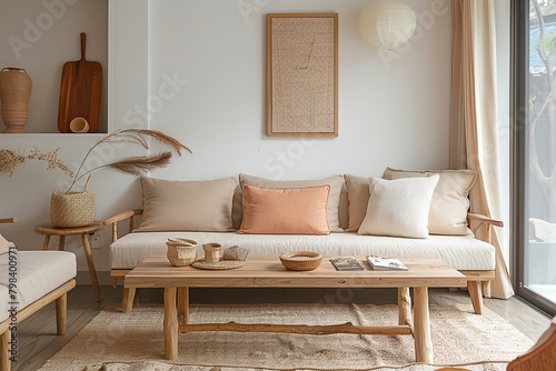 Cozy Minimalist Living Room with Wooden Coffee Table, Beige Sofa, and Peach Accents