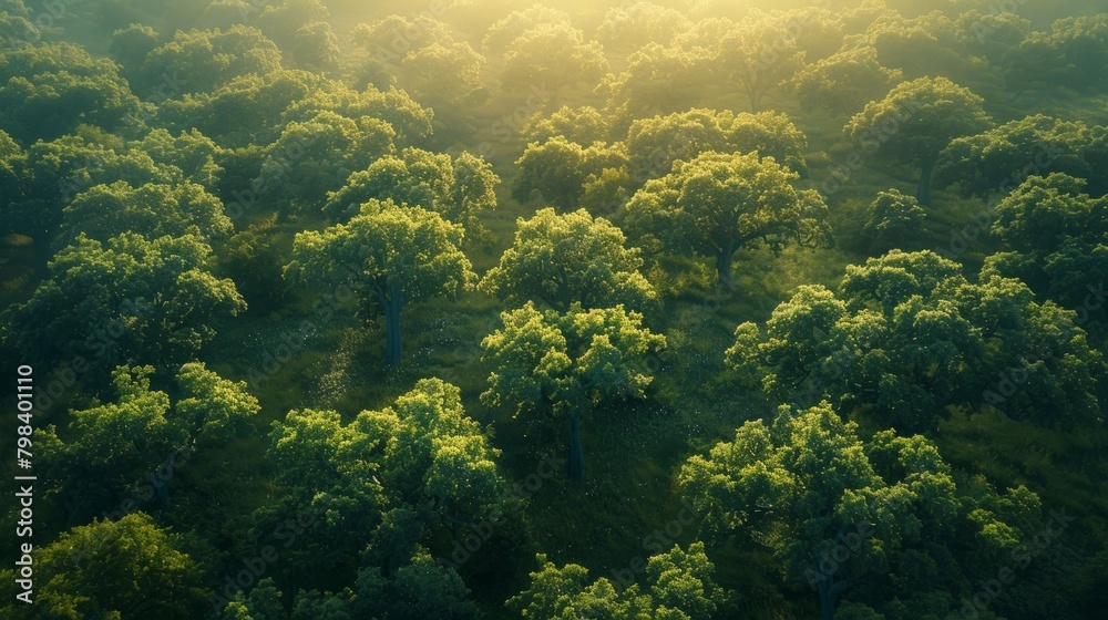 Oak tree canopy from above highlighting the vibrant colors of nature