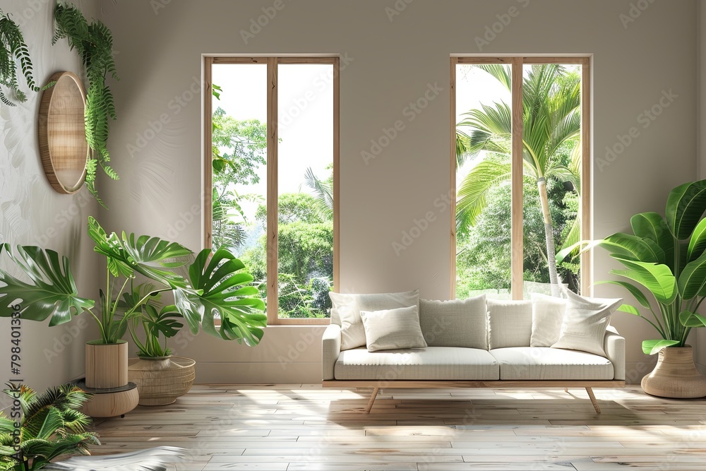 Chic Minimalist Living Room with Lush Foliage Window Views and Eco-Friendly Furniture featuring Delicate Pastel Hues and Sustainable Wooden Touch