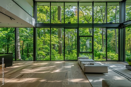 Modern Home Oasis: Green Accents and Tree Views with Expansive Windows © Michael