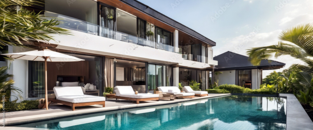 design villa Interior sunbed exterior feature beach garden house blue pool home swimming luxury landscape towels pool
