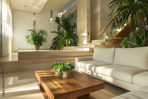 Modern Living Room Oasis  Minimalist  Wooden Coffee Table  Beige Sofa  Tropical Plants