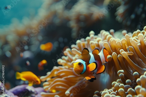 Amphiprion Ocellaris Clownfish In Marine Aquarium  including a clownfish peeking out from an anemone  biodiversity Amphiprion ocellaris Cute anemone fish playing on the coral reef  beautiful color 