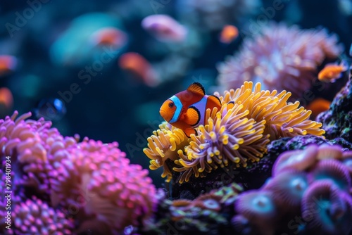 Amphiprion Ocellaris Clownfish In Marine Aquarium ,including a clownfish peeking out from an anemone, biodiversity,Amphiprion ocellaris,Cute anemone fish playing on the coral reef, beautiful color 