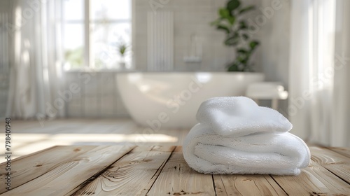 On a wooden table, white towels are elegantly displayed within a blurred bathroom interior setting.