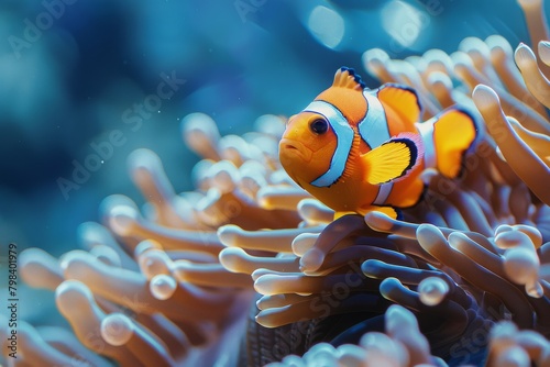 Amphiprion Ocellaris Clownfish In Marine Aquarium ,including a clownfish peeking out from an anemone, biodiversity,Amphiprion ocellaris,Cute anemone fish playing on the coral reef, beautiful color 