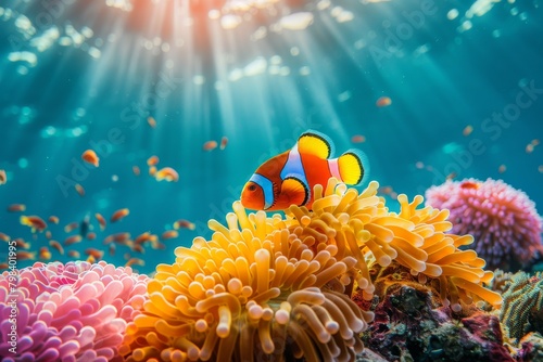 Amphiprion Ocellaris Clownfish In Marine Aquarium ,including a clownfish peeking out from an anemone, biodiversity,Amphiprion ocellaris,Cute anemone fish playing on the coral reef, beautiful color  photo