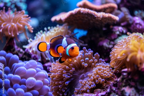Amphiprion Ocellaris Clownfish In Marine Aquarium ,including a clownfish peeking out from an anemone, biodiversity,Amphiprion ocellaris,Cute anemone fish playing on the coral reef, beautiful color  © Sittipol 