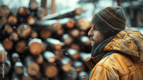 A blurred worker fades into the background behind a stack of firewood up close