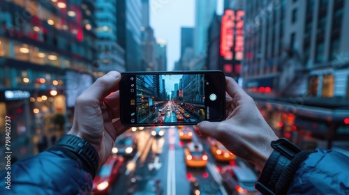 At night in the city, holding a mobile phone to capture the trajectory of cars on the road