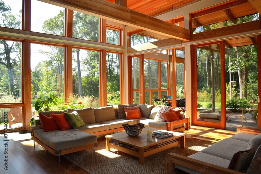Serene Scandinavian Living: Eco-Friendly Wood Furniture, Large Windows, Nature Views