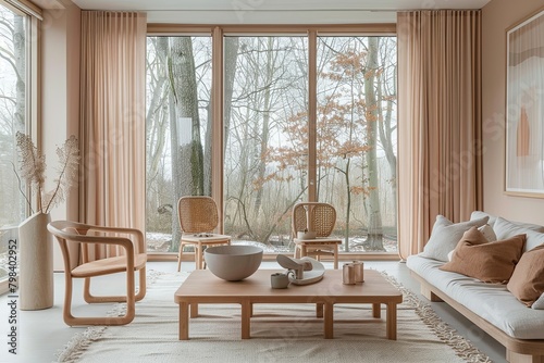 Scandinavian Tree View Living  Eco-Friendly Design in Chic Peach and Beige Tones