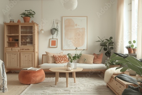 Scandinavian Eco-Friendly Living Space: Peach Accents & Wooden Furniture