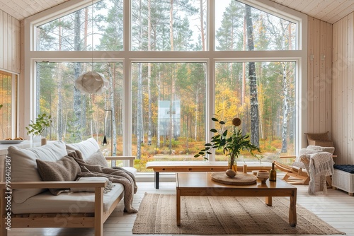 Scandinavian Eco-Friendly Living Space  Embracing Nature through Large Windows and Wooden Furniture