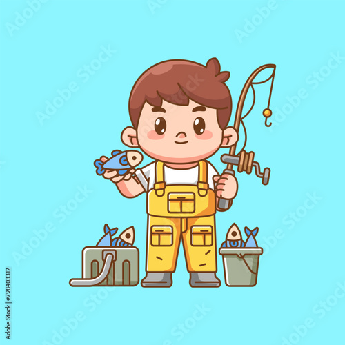 Cute young fisher fishing kawaii chibi character mascot illustration outline style design