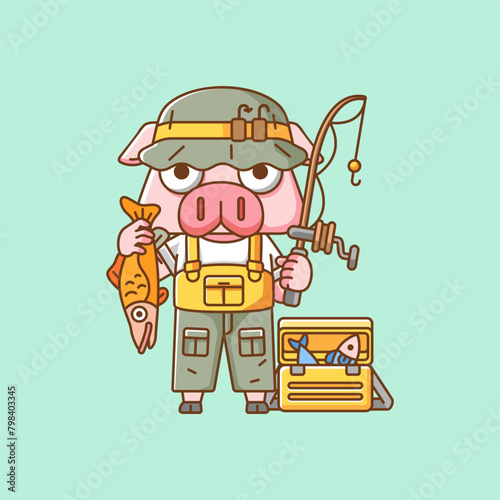 Cute pig fisher fishing animal chibi character mascot icon flat line art style illustration concept cartoon