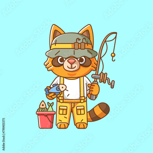 Cute raccoon fisher fishing animal chibi character mascot icon flat line art style illustration concept cartoon