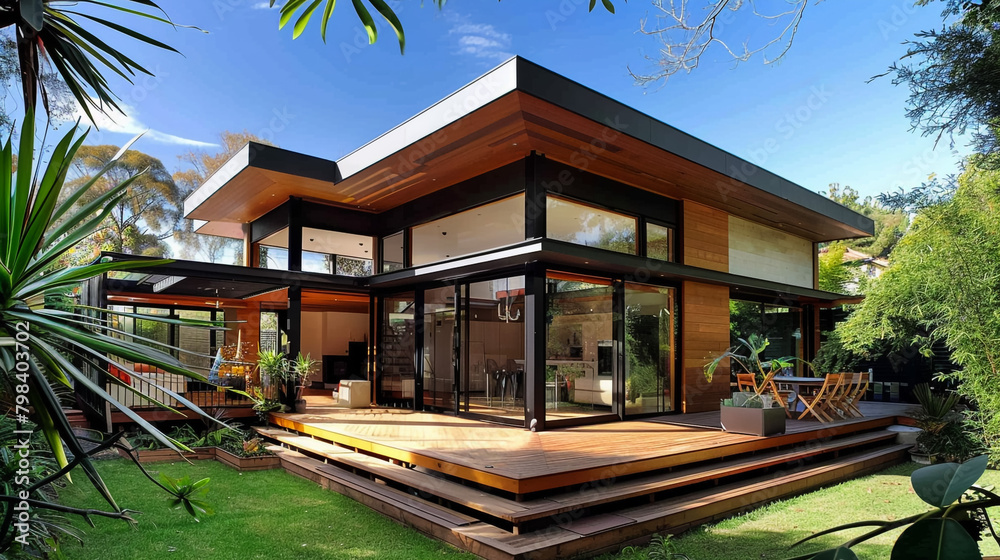 Fototapeta premium Modern Home Extension in Melbourne Showcases Sustainable Design with Green Features and Natural Elements 