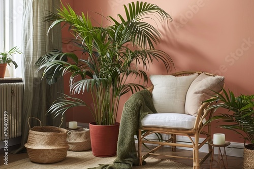 Terracotta Tranquility: Soft Living Room Aesthetics with Tropical Greenery Accents