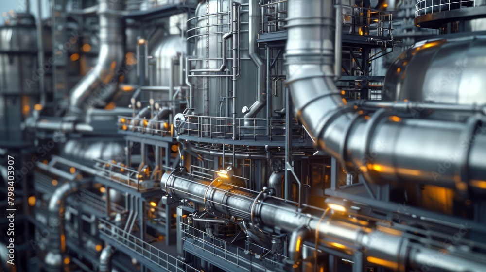 Intricate network of pipes and tanks in industrial chemical factory, highlighting complexity and technology Intricate network of pipes and tanks in industrial chemical factory, highlighting complexity and technology