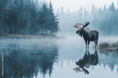 moose standing by a misty lake in the early morning  its reflection perfectly mirrored in the still water  Moose isolated on white Bull moose in Algonguin Park  Ontario  Canada  hiding among the tress