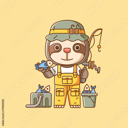 Cute sloth fisher fishing animal chibi character mascot icon flat line art style illustration concept cartoon