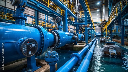 Blue pipeline system in water treatment facility with modern industrial equipment and technology