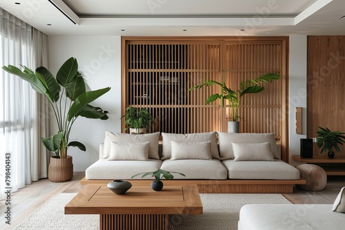 Sophisticated Tropical Minimalism: Elegant Living Room with Wooden Features and Refreshing Greenery