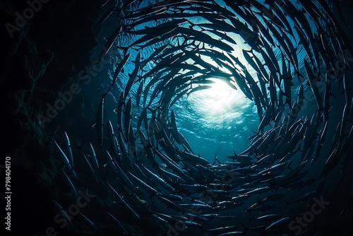 Endless school of mackerel forming a large spiral