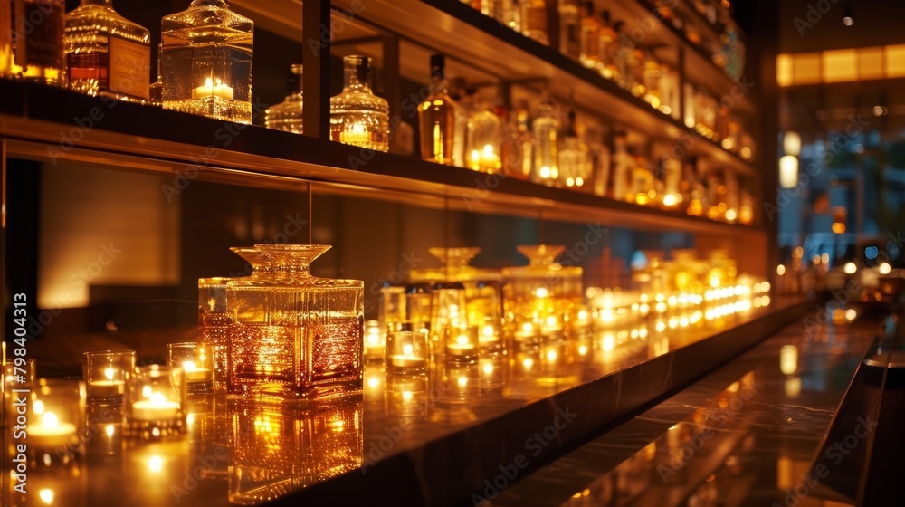 The bar shelves are lined with candlelit bottles casting a golden hue on the polished wooden counter and highlighting the intricate glassware. 2d flat cartoon.