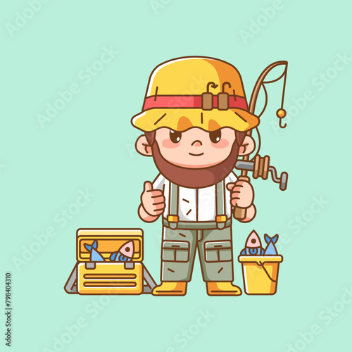 Cute thumbs fisher fishing kawaii chibi character mascot illustration outline style design