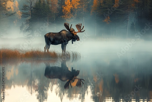 moose standing by a misty lake in the early morning, its reflection perfectly mirrored in the still water ,Moose isolated on white,Bull moose in Algonguin Park, Ontario, Canada, hiding among the tress