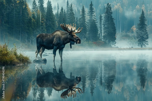 moose standing by a misty lake in the early morning, its reflection perfectly mirrored in the still water ,Moose isolated on white,Bull moose in Algonguin Park, Ontario, Canada, hiding among the tress © Sittipol 