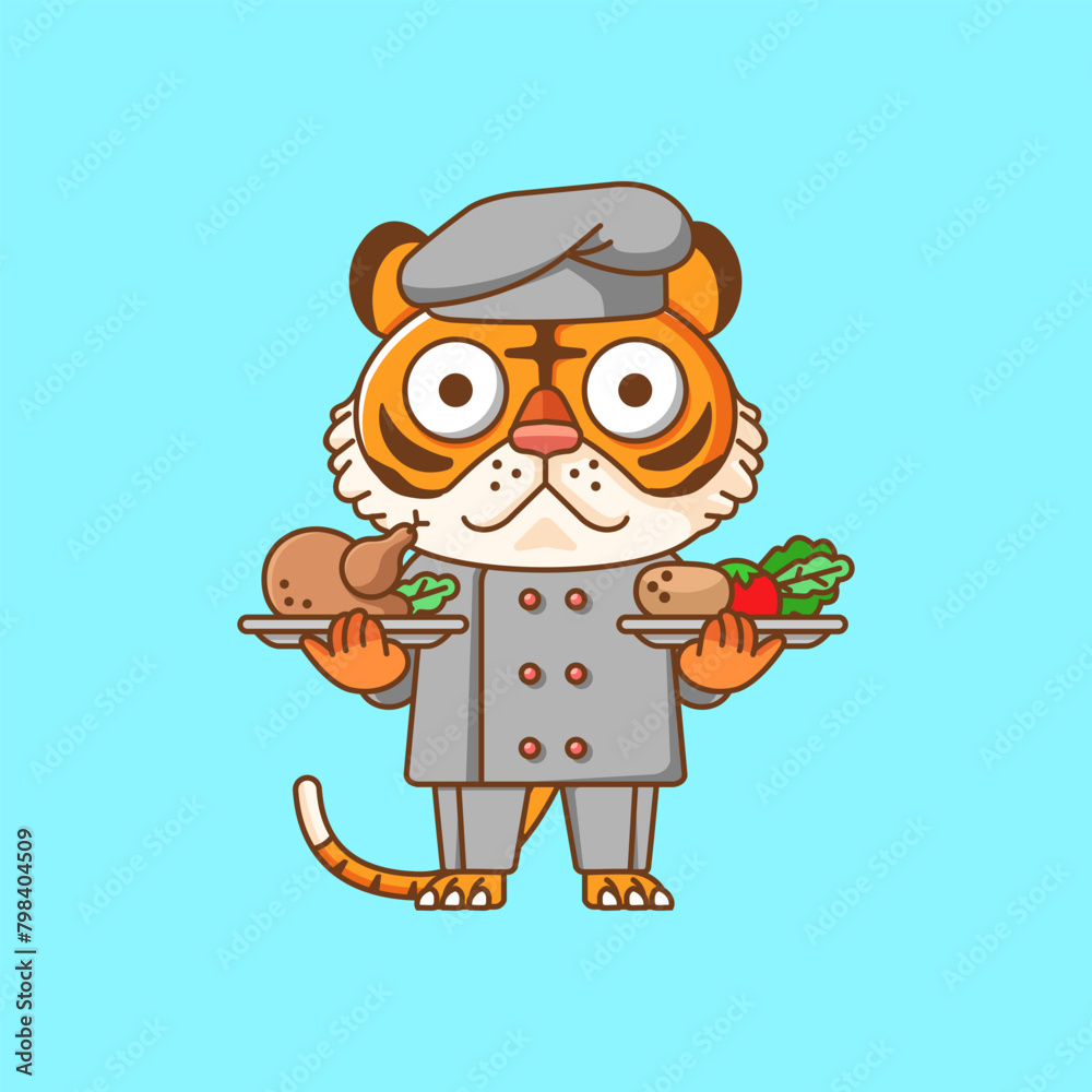 Cute tiger chef cook serve food animal chibi character mascot icon flat line art style illustration concept cartoon Cute tiger chef cook serve food animal chibi character mascot icon flat line art style illustration concept cartoon