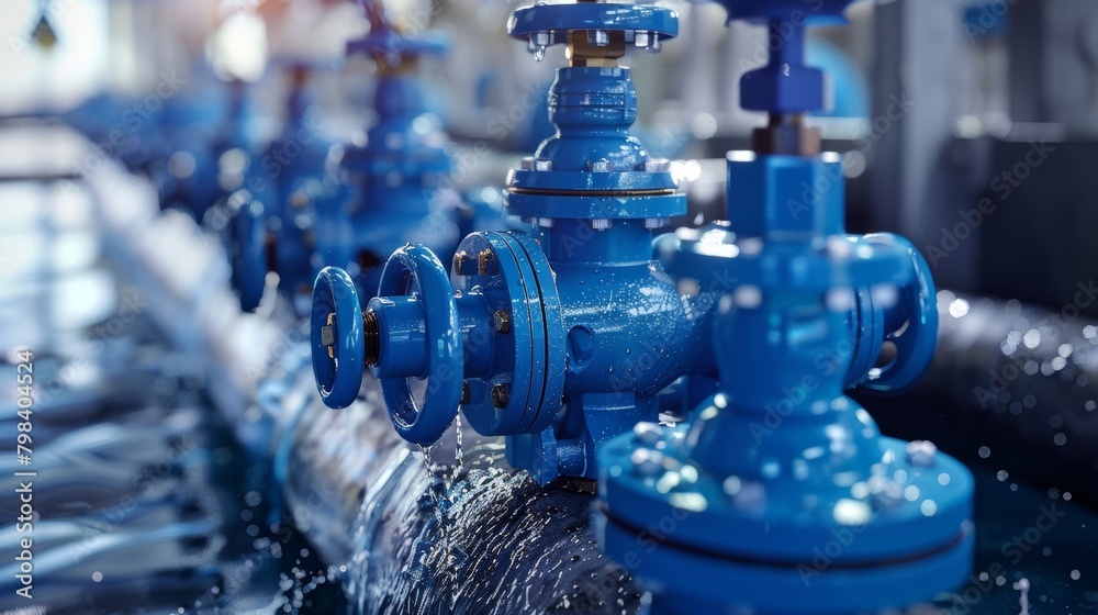 Close-up of blue water pump valves in operation at an industrial plant, showcasing fluid dynamics Close-up of blue water pump valves in operation at an industrial plant, showcasing fluid dynamics