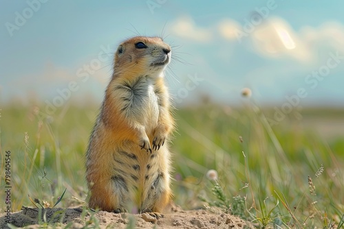A vigilant prairie dog standing upright on a grassy knoll, on the lookout for danger, a symbol of alertness © Sittipol 