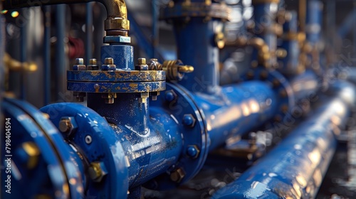 Close-up of blue water pump valves in operation at an industrial plant, showcasing fluid dynamics photo