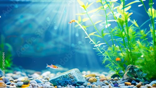 Brightly lit aquarium with small fish and aquatic plants under sun rays photo