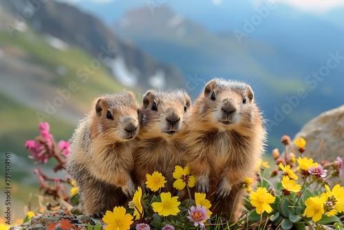 Two cute baby groundhogs standing on a mountain photo